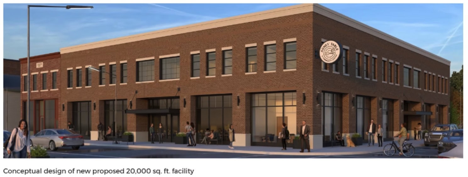 Modern Brick Commercial Building Exterior With Outdoor Seating And Pedestrians, Conceptual Design For Crescendo Consulting.