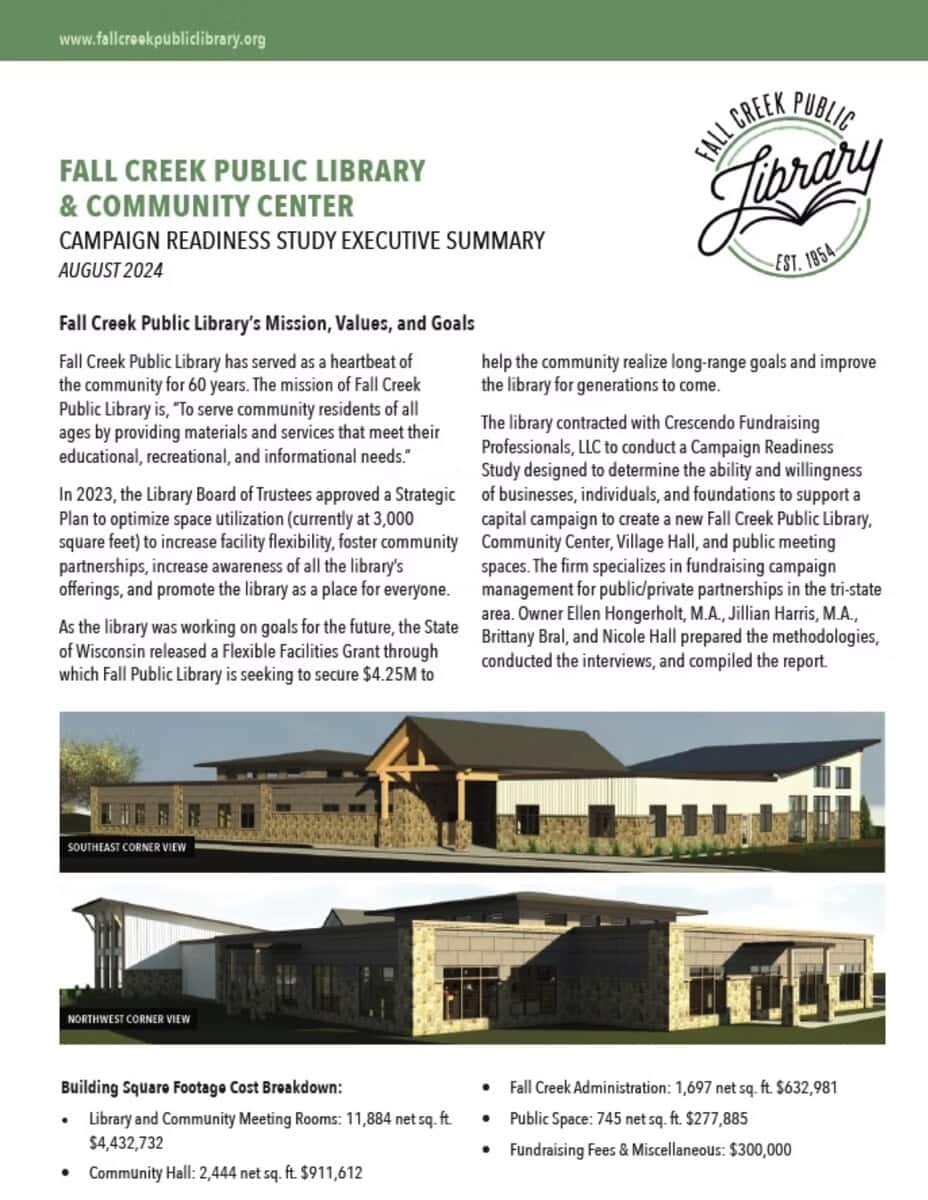 Modern Fall Creek Public Library And Community Center Building Rendering For Campaign Readiness Study.