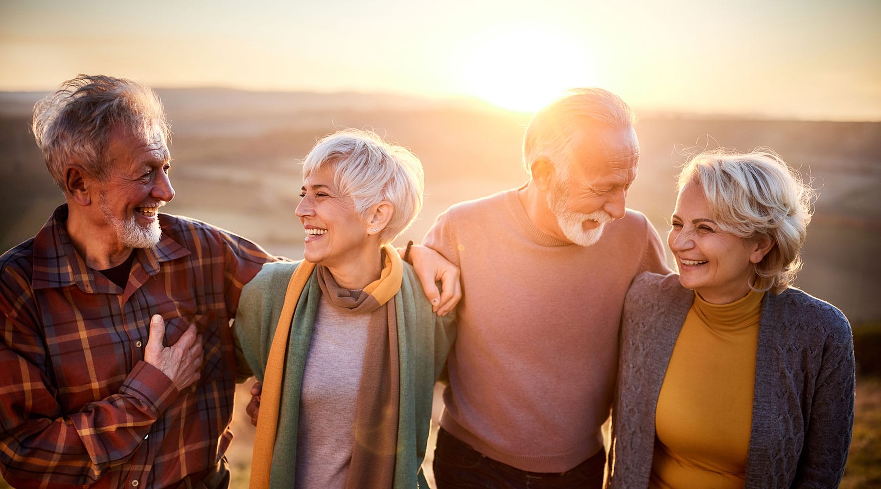 Happy Elderly Couple Outdoor, Smiling Seniors Enjoying Sunset, Friendship, And Companionship For Wellness And Social Connection.
